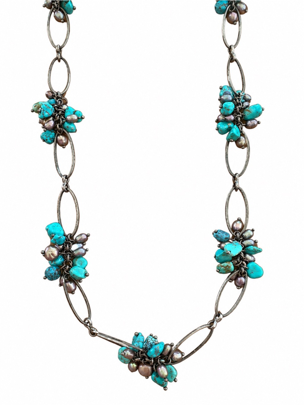 Faux Turquoise Howlite Dyed Pearl Gunmetal Cluster Long Necklace 35”